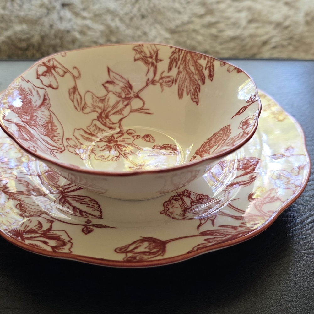 SHINA CASA Red Floral Bowl & Scalloped Plate Set | 8” Dinnerware